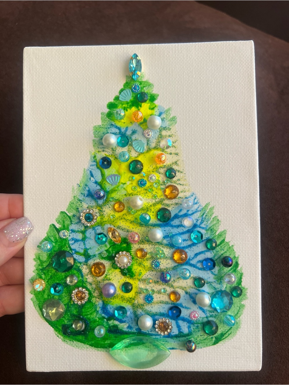 Handmade Blue & Green Jeweled Christmas Tree – 5x7 Original painting - Picture 7 of 8